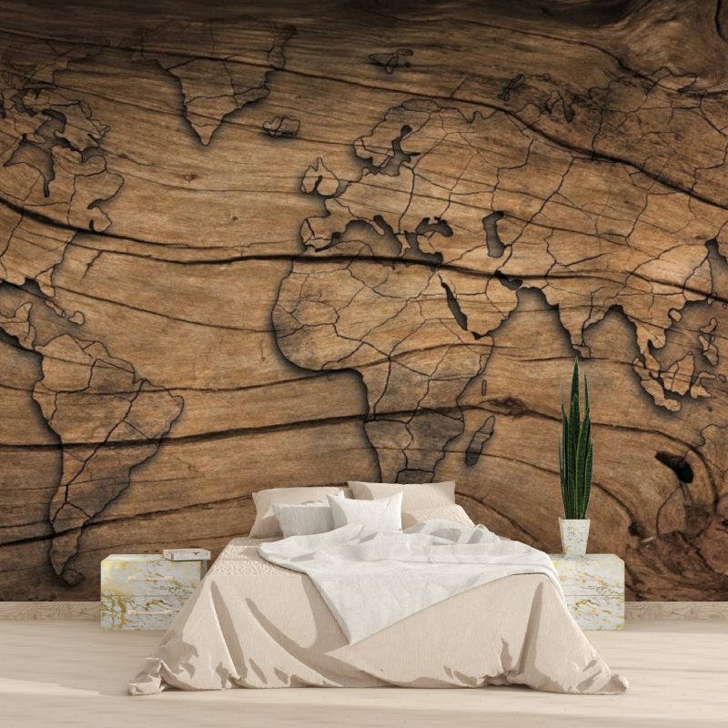 Mural World Map Wallpaper with Wood Effect