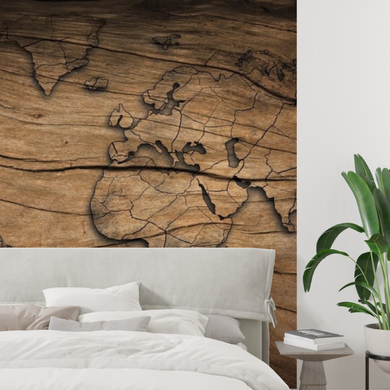 Mural World Map Wallpaper with Wood Effect