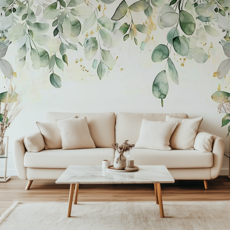 Wandtapete mit Aquarellmotiv und grünem Laub