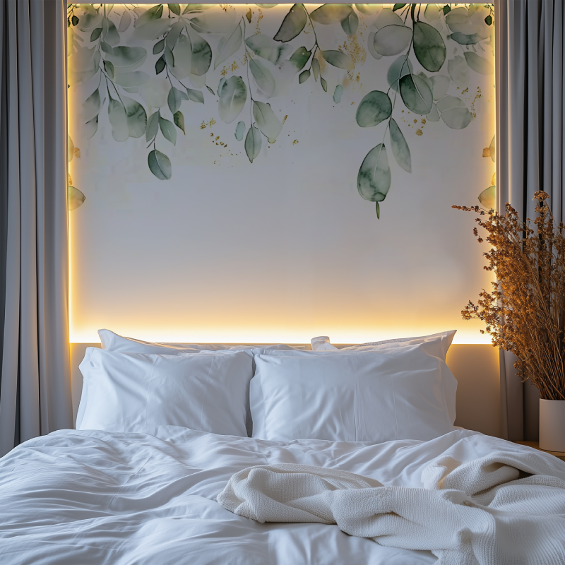 Wandtapete mit Aquarellmotiv und grünem Laub