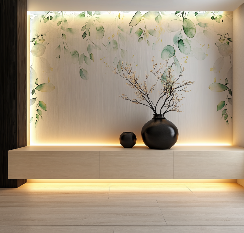 Watercolor Little Green Leaves Mural Wallpaper