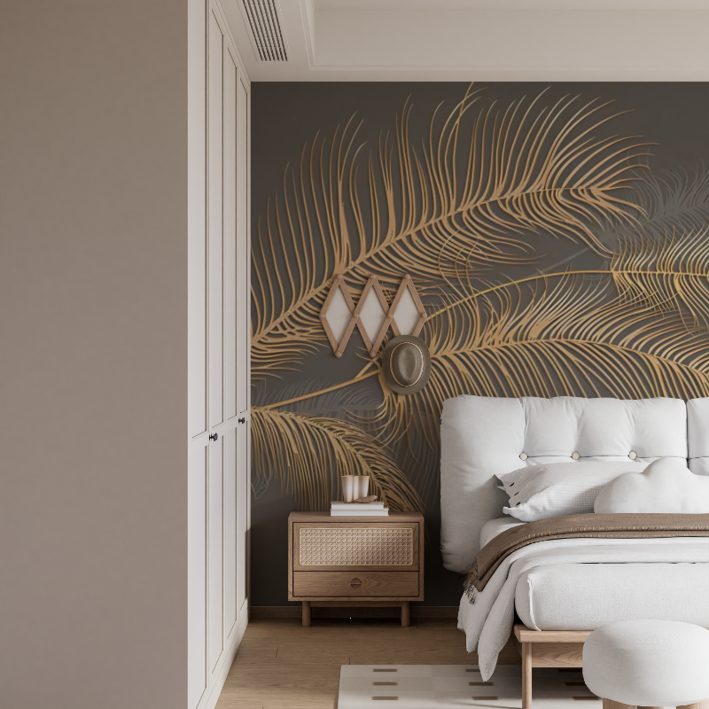 Gold and Grey Leaf Mural Wallpaper