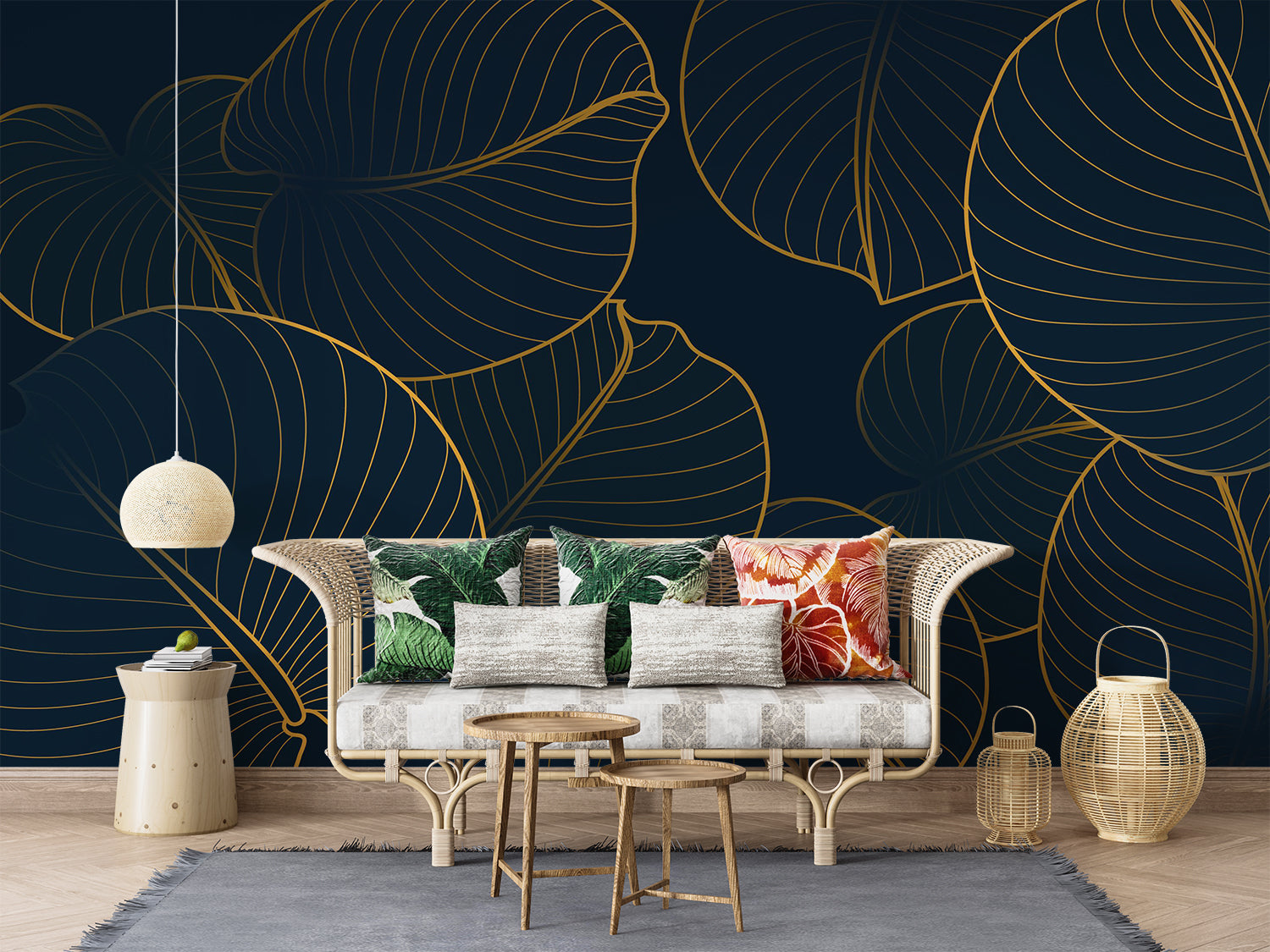 Gold Blue Navy Leaf Mural Wallpaper