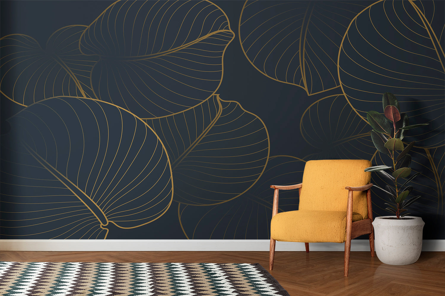 Gold Blue Navy Leaf Mural Wallpaper