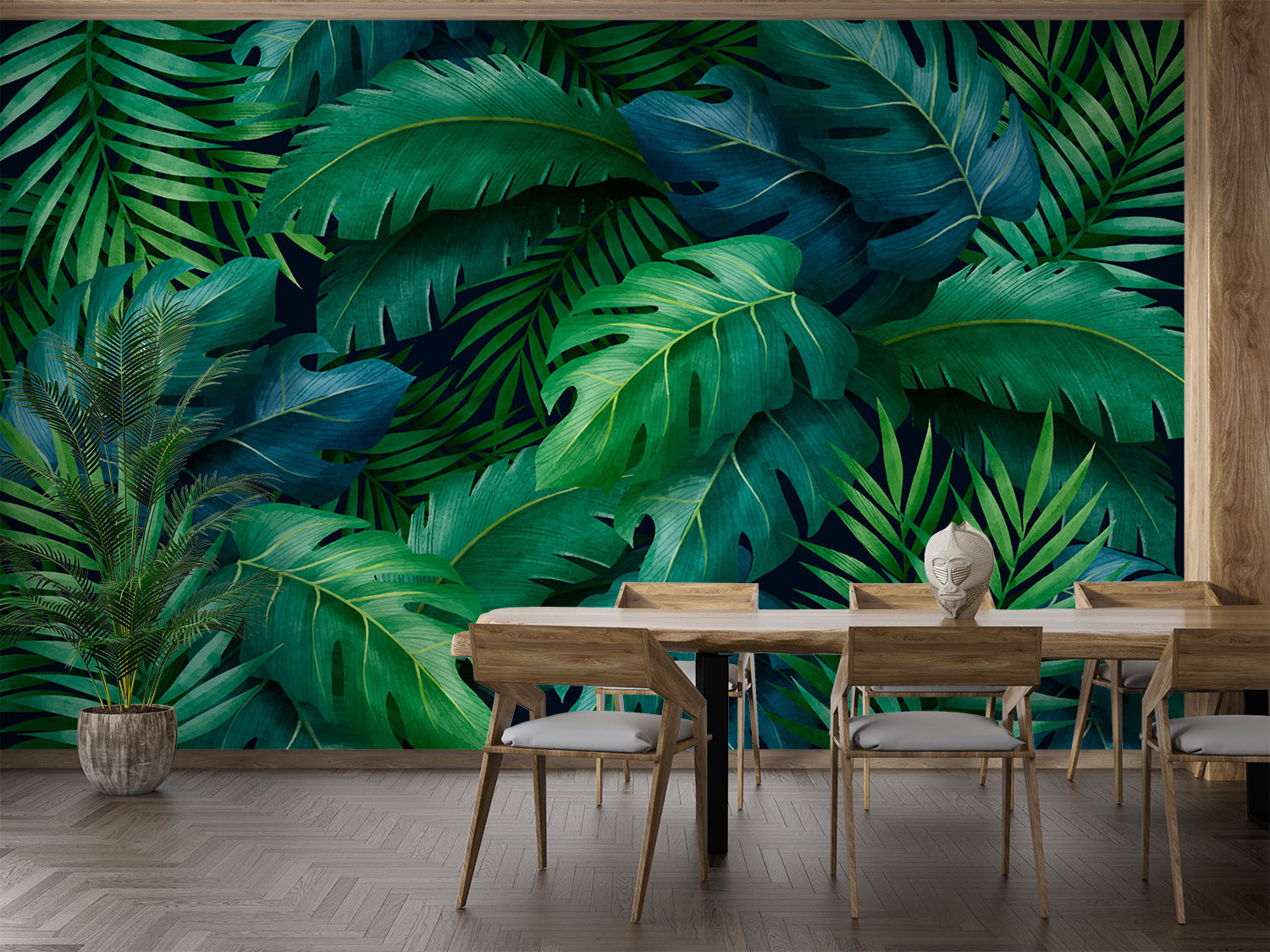 Wandtapete mit grünem und blauem Laub