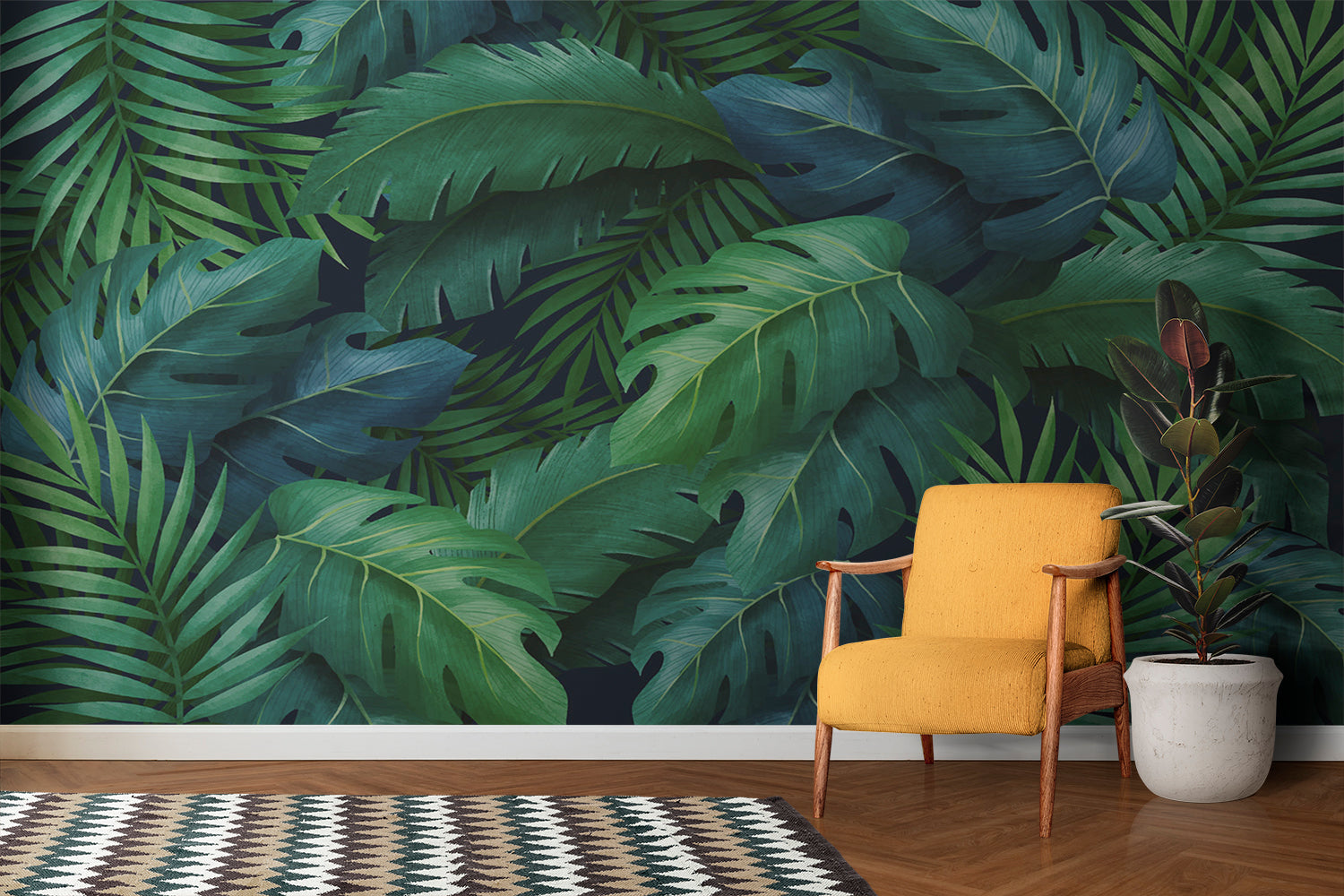 Wandtapete mit grünem und blauem Laub