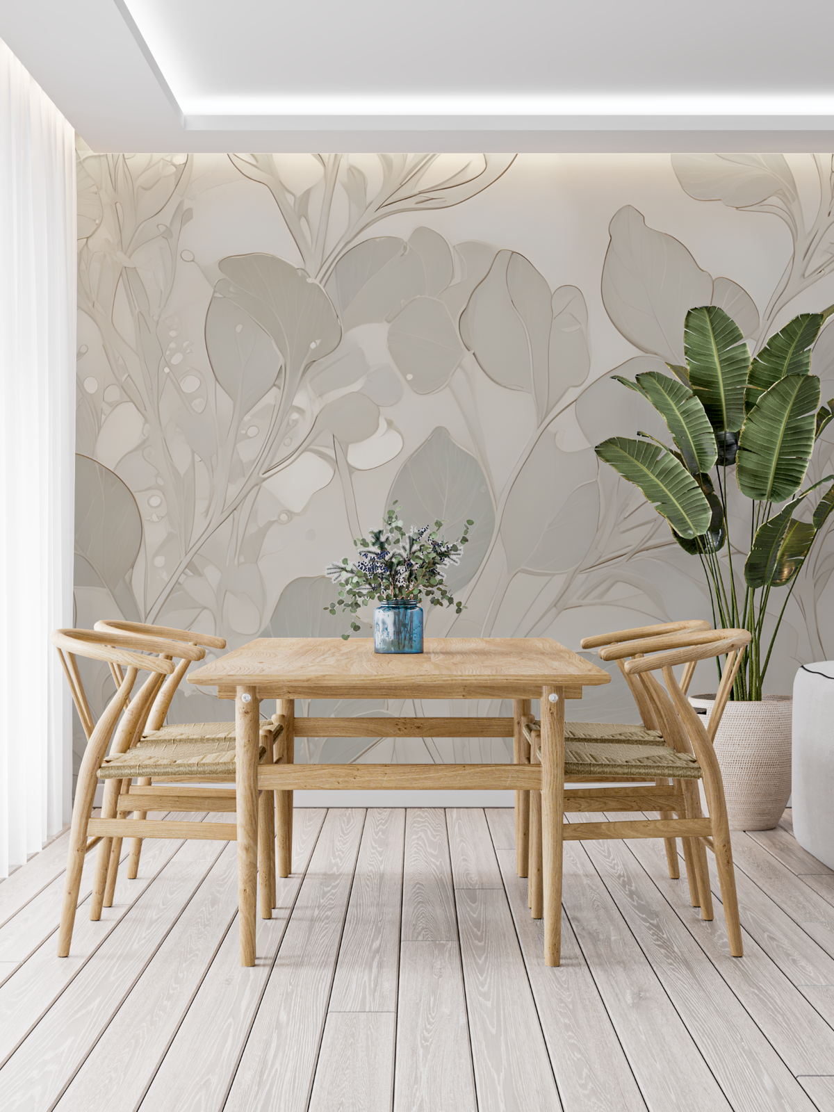 Beige Grey Floral Mural Wallpaper