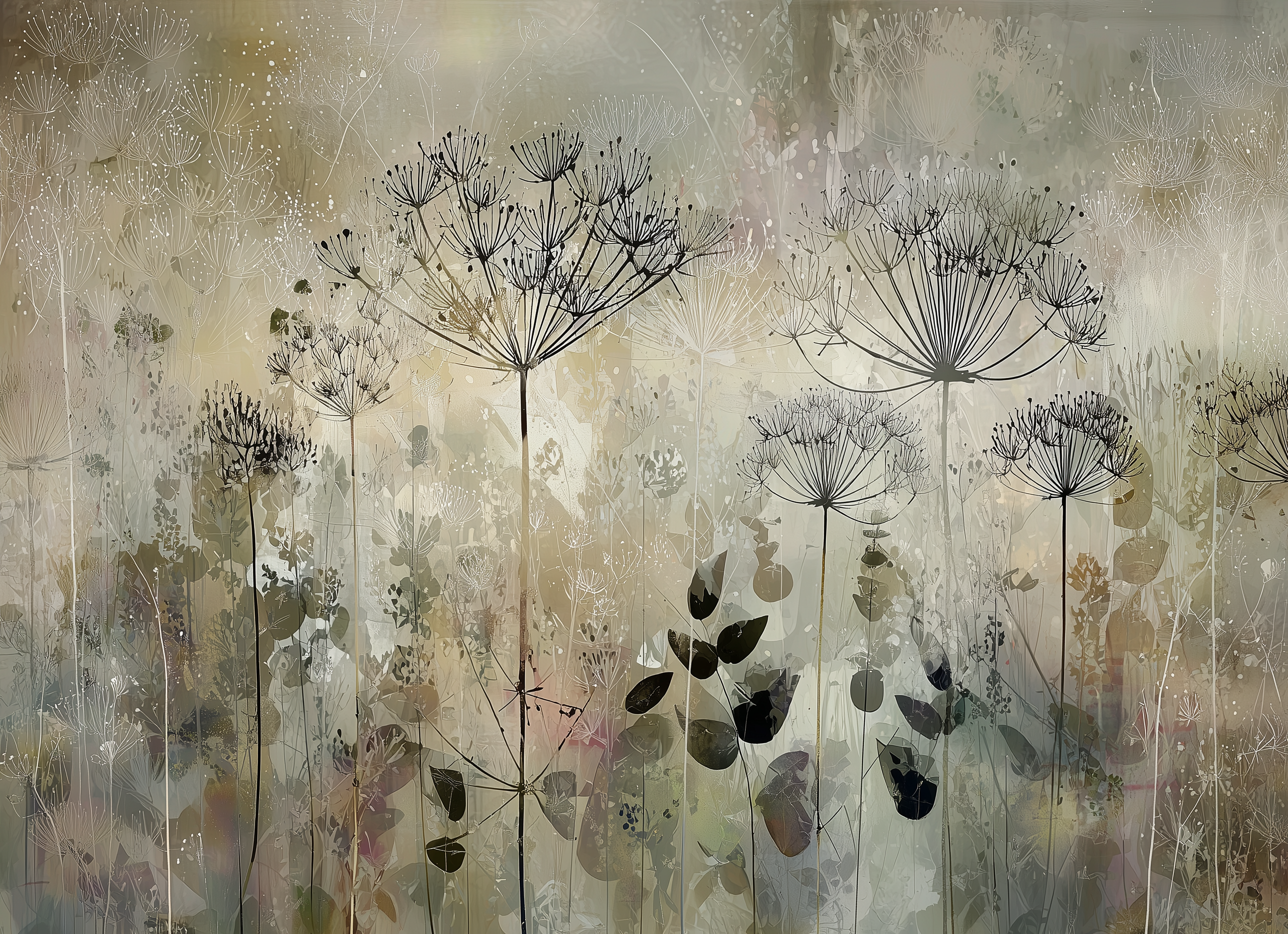 Delicate Botanical Meadow Illustration Mural Wallpaper