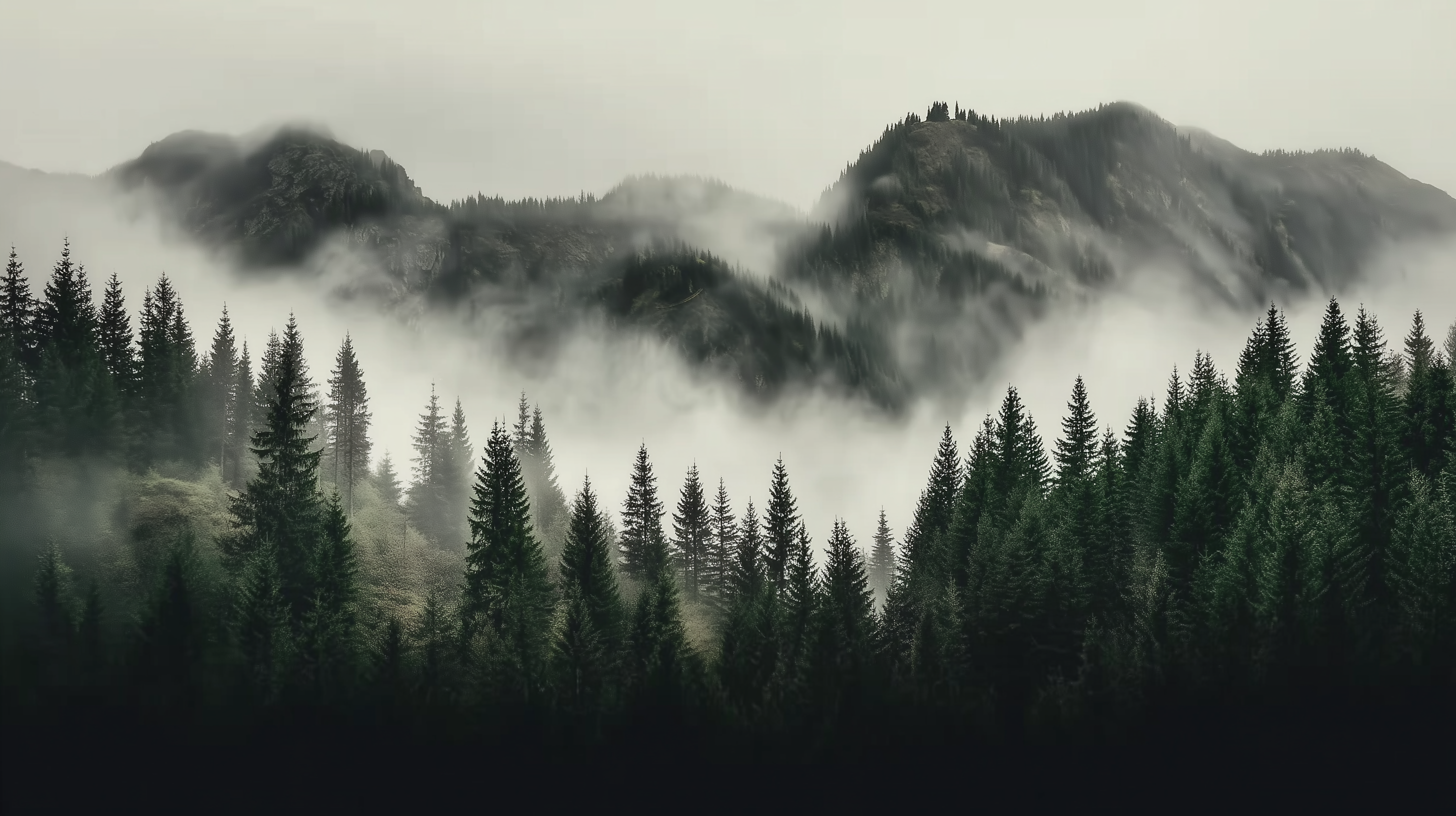 Dark Mountain Fog Forest Mural Wallpaper