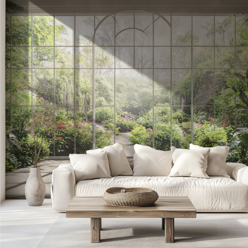 Papier peint trompe loeil verriere canape tendance