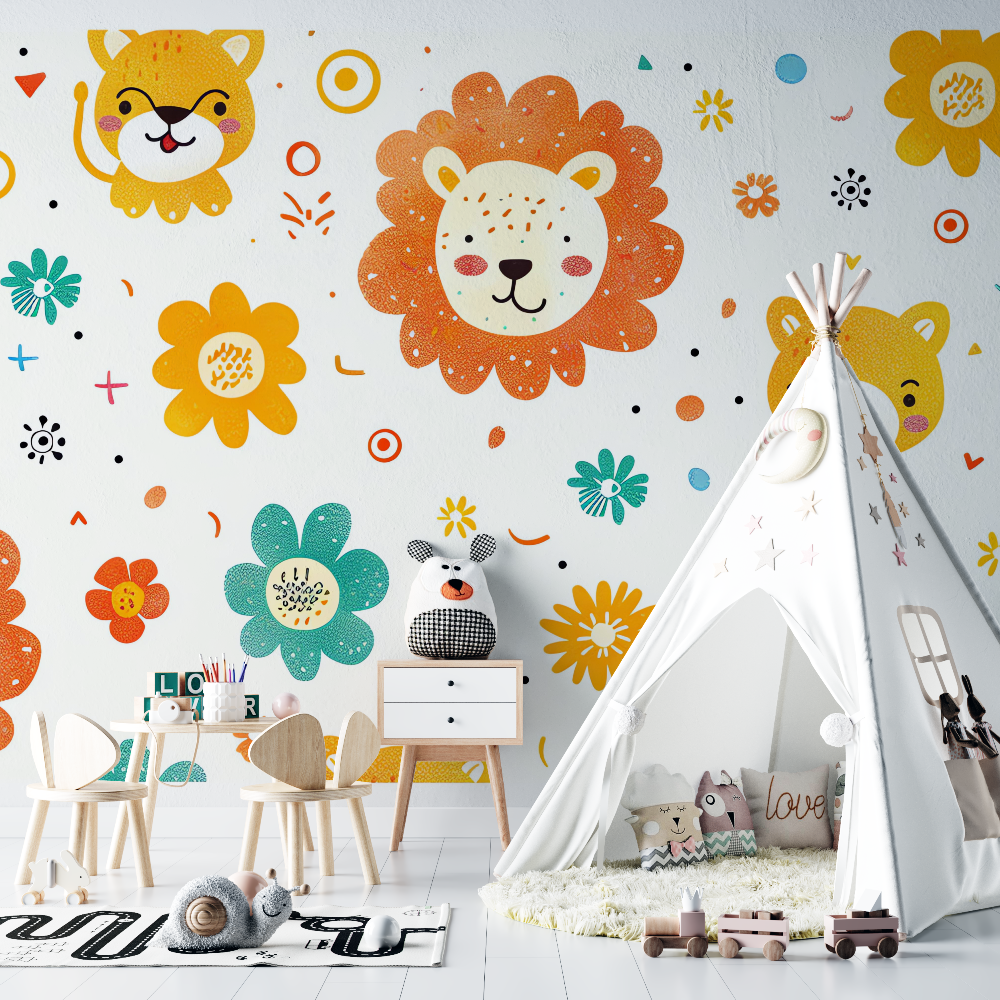 Lion and Delicate Flowers Wallpaper | Murals Wallpaper