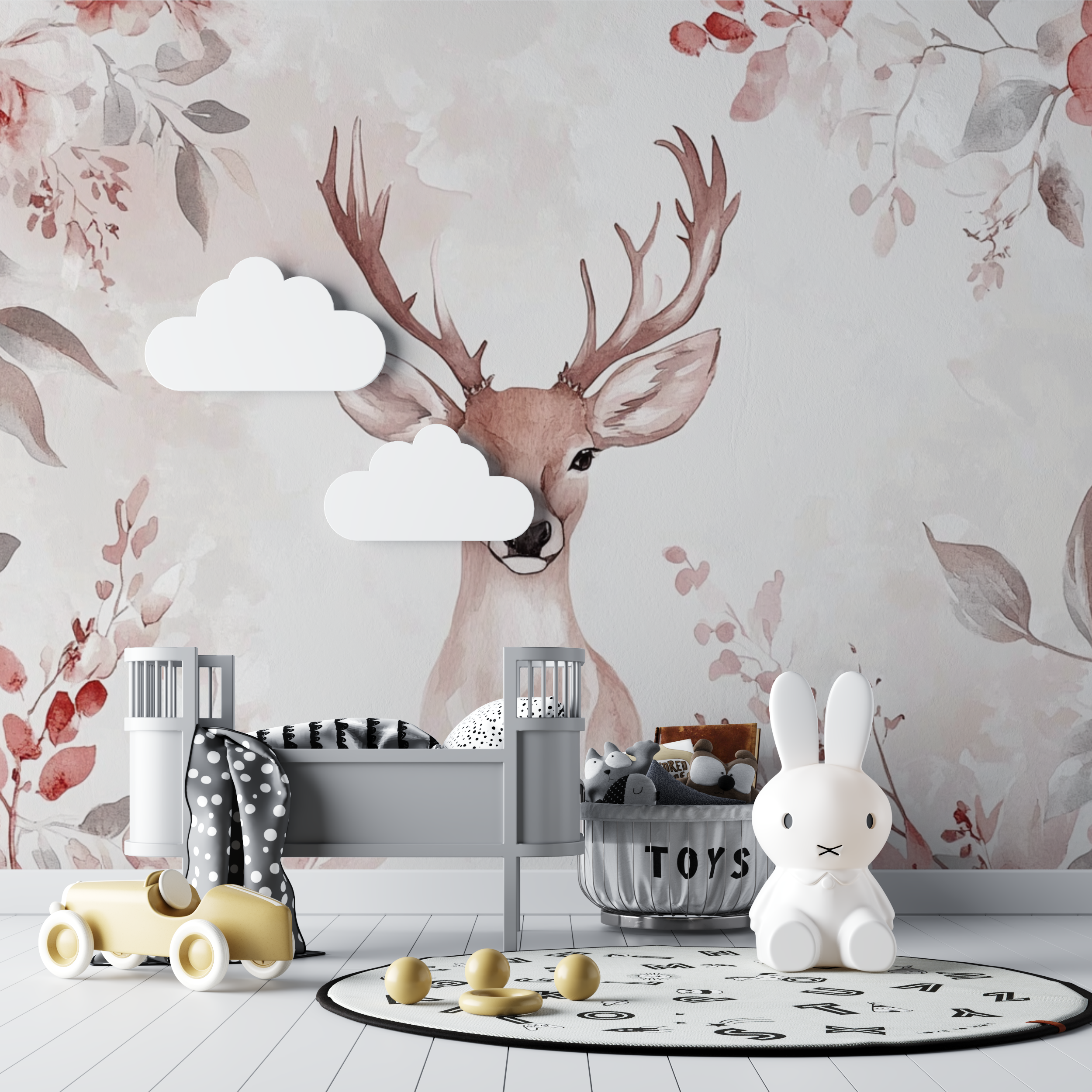 Soft Pink Floral Wallpaper with Deer | Murals Wallpaper