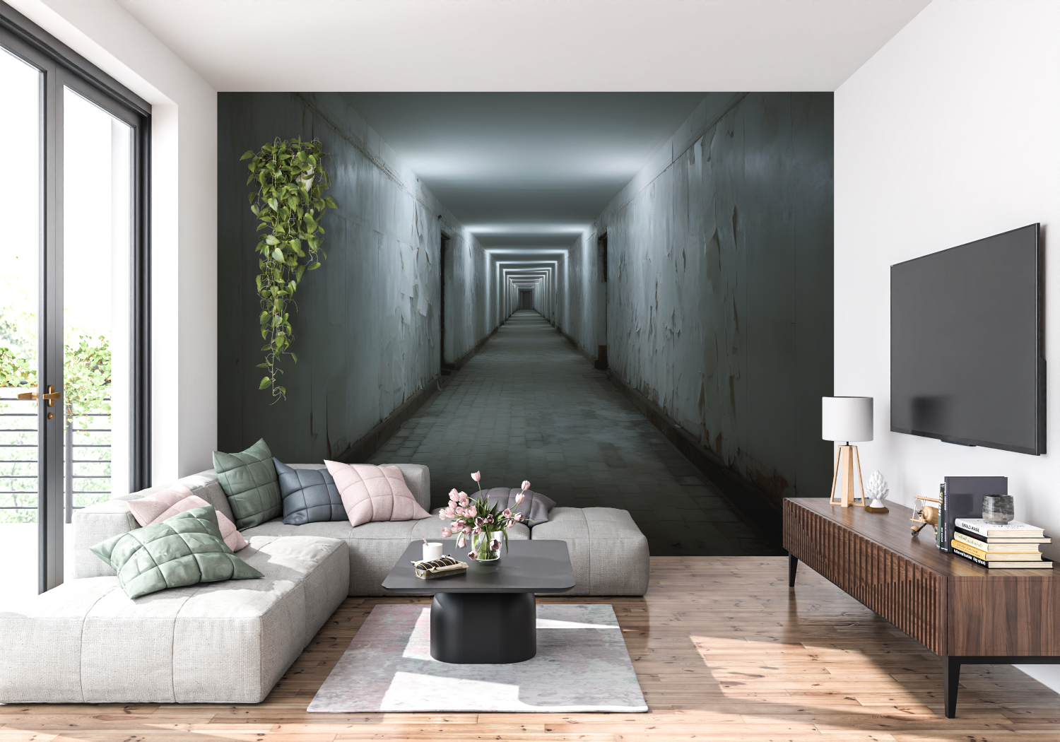 3D Trompe L'Oeil Wallpaper for Living Room | Murals Wallpaper