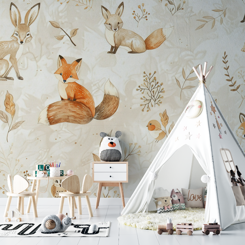 Beige Forest Friends Fox Wallpaper | Murals Wallpaper