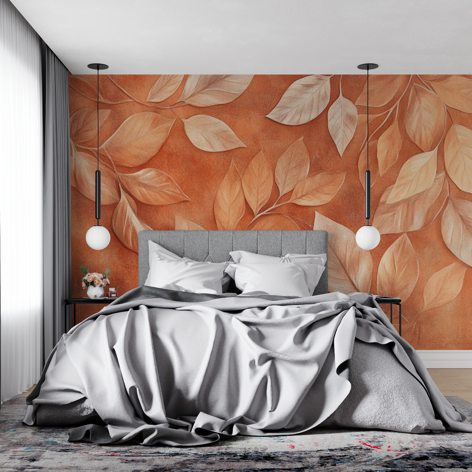 Terracotta Wallpaper with Golden Leaves | Murals Wallpaper