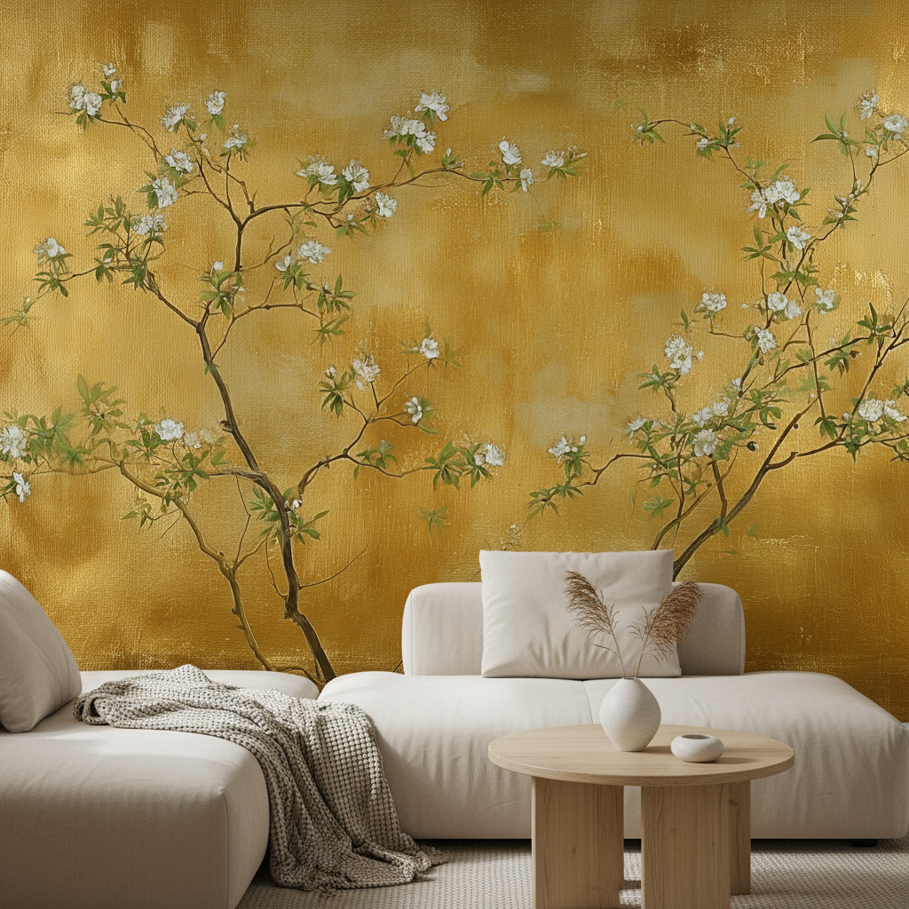 Gold Chinoiserie Blossom Branches Mural Wallpaper