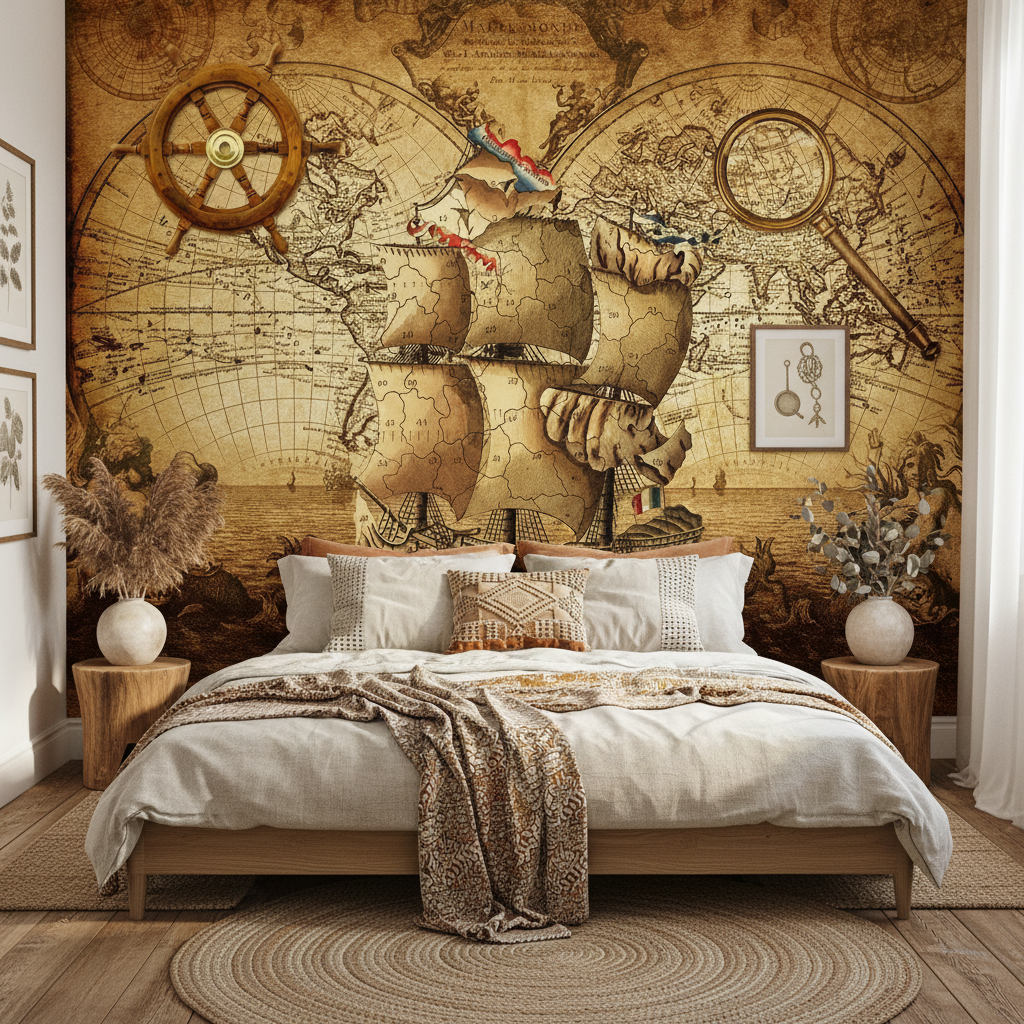 Wandtapete mit antiker Weltkarte
