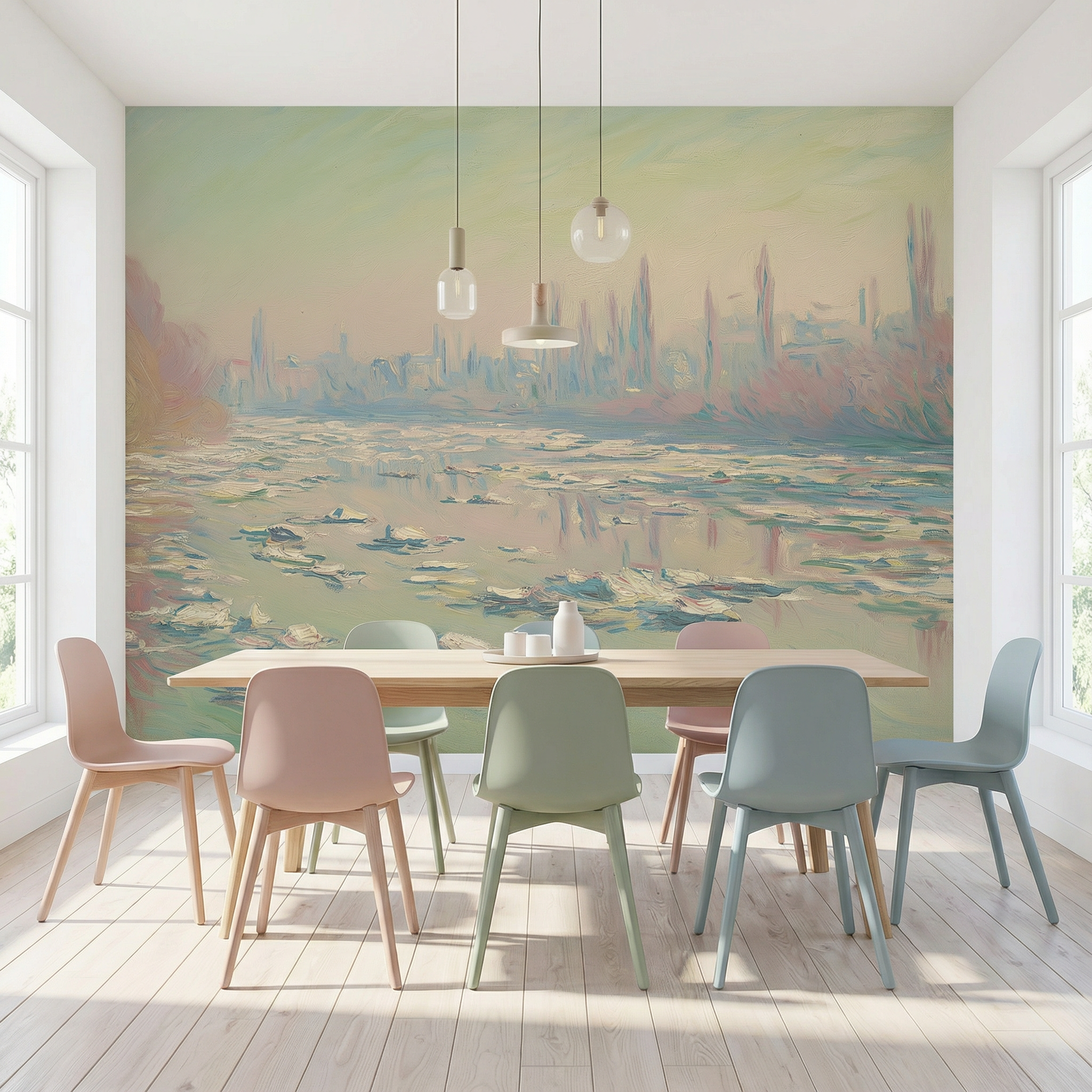 Pastel Impressionist River Landscape Mural Wallpaper