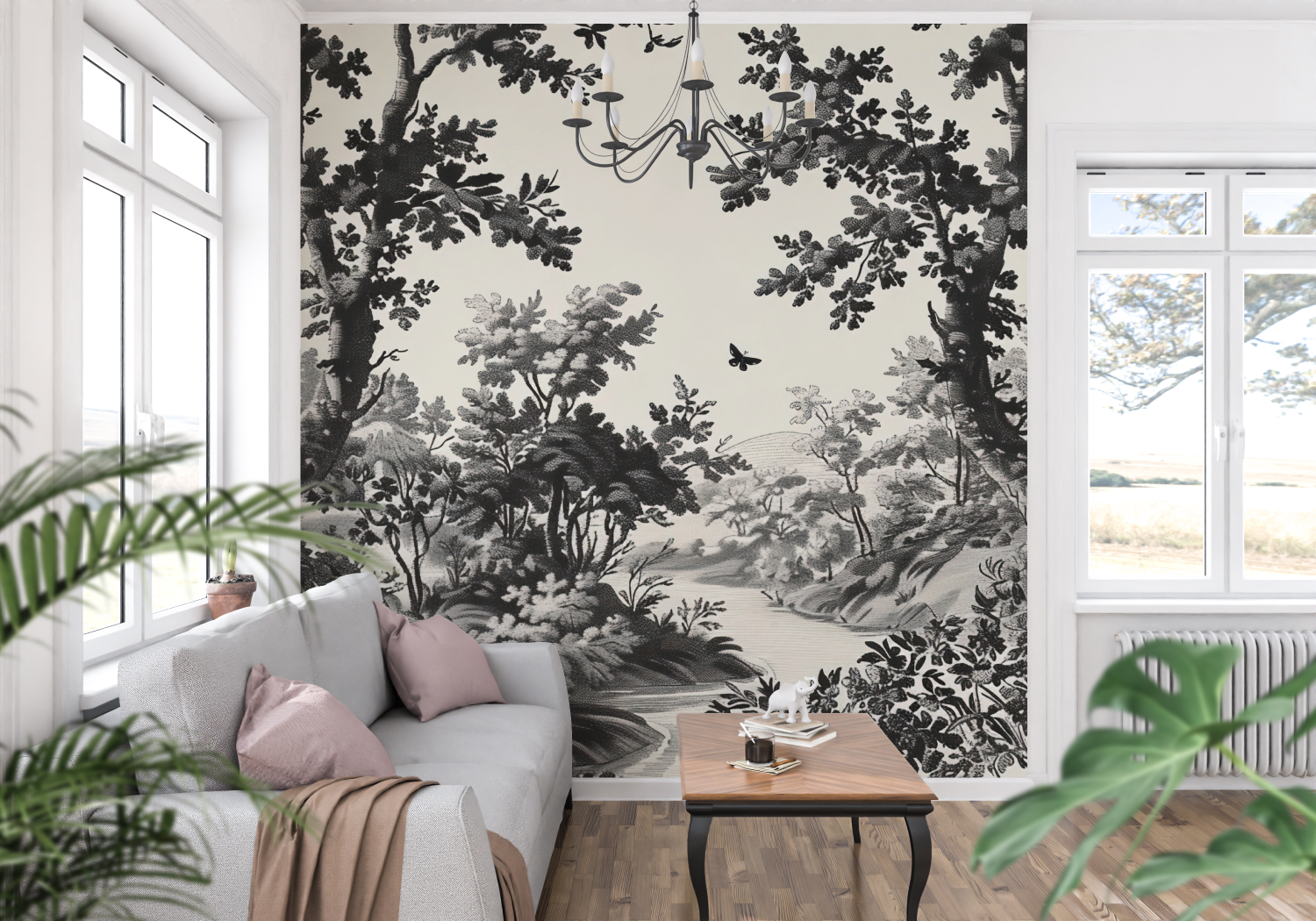 Papier Peint Toile De Jouy Paysage Noir Blanc - trompe l'oeil