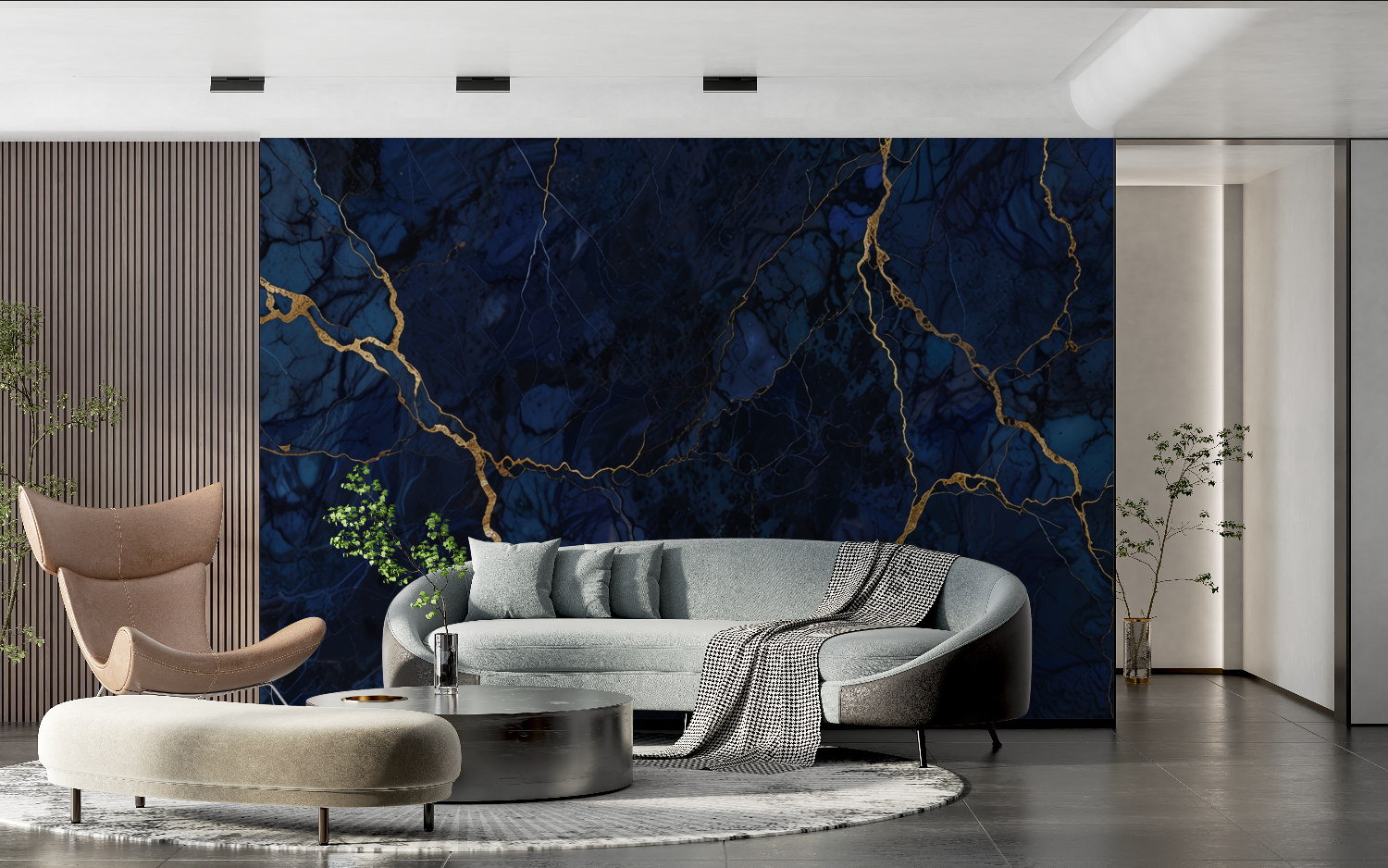 Navy Blue Golden Marble Mural Wallpaper