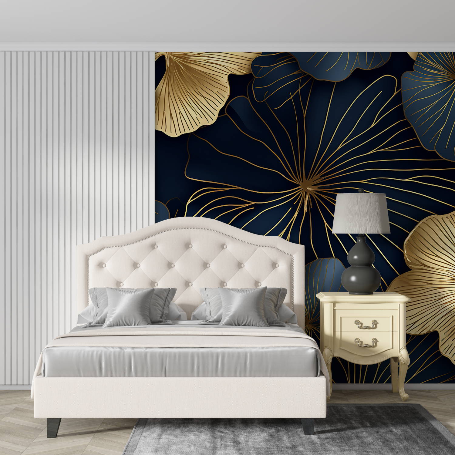 Art Deco Blue Wallpaper with Large Gold Flowers | Murals Wallpaper