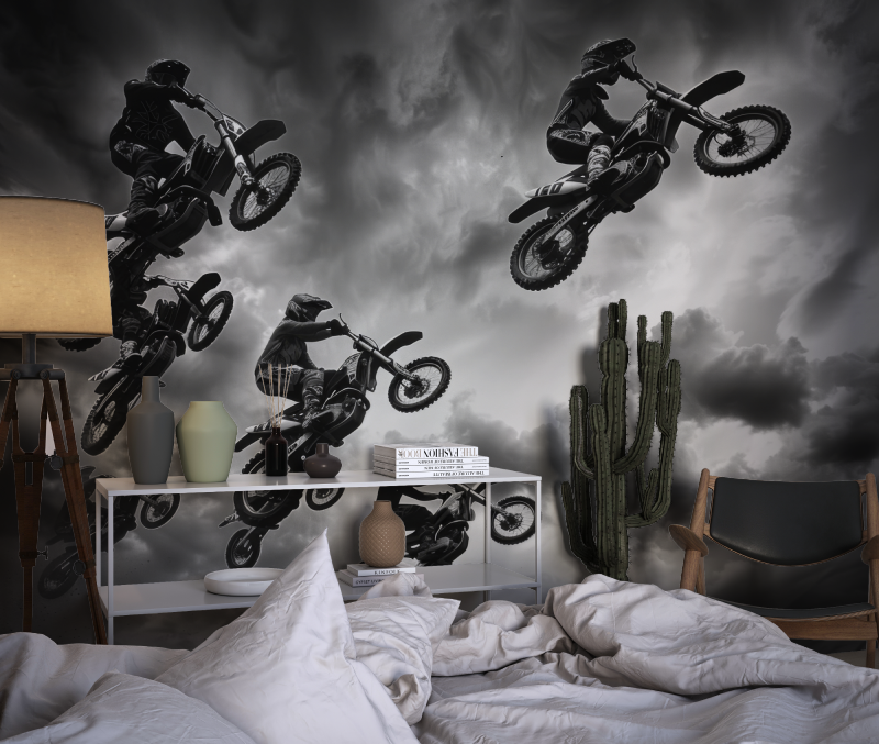 3D Black and White Motocross Wallpaper | Murals Wallpaper