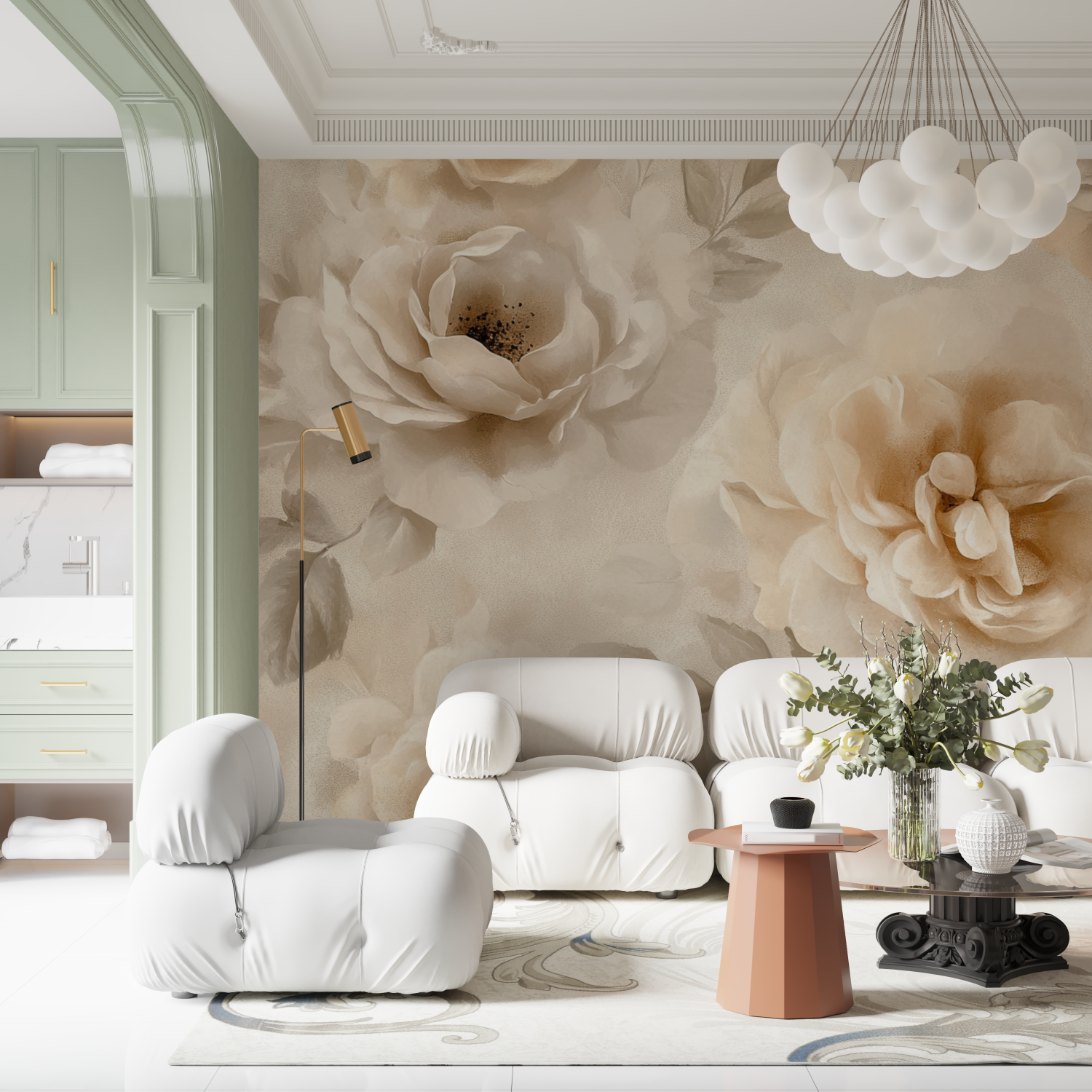 Watercolor Soft Flowers Beige Wallpaper | Murals Wallpaper