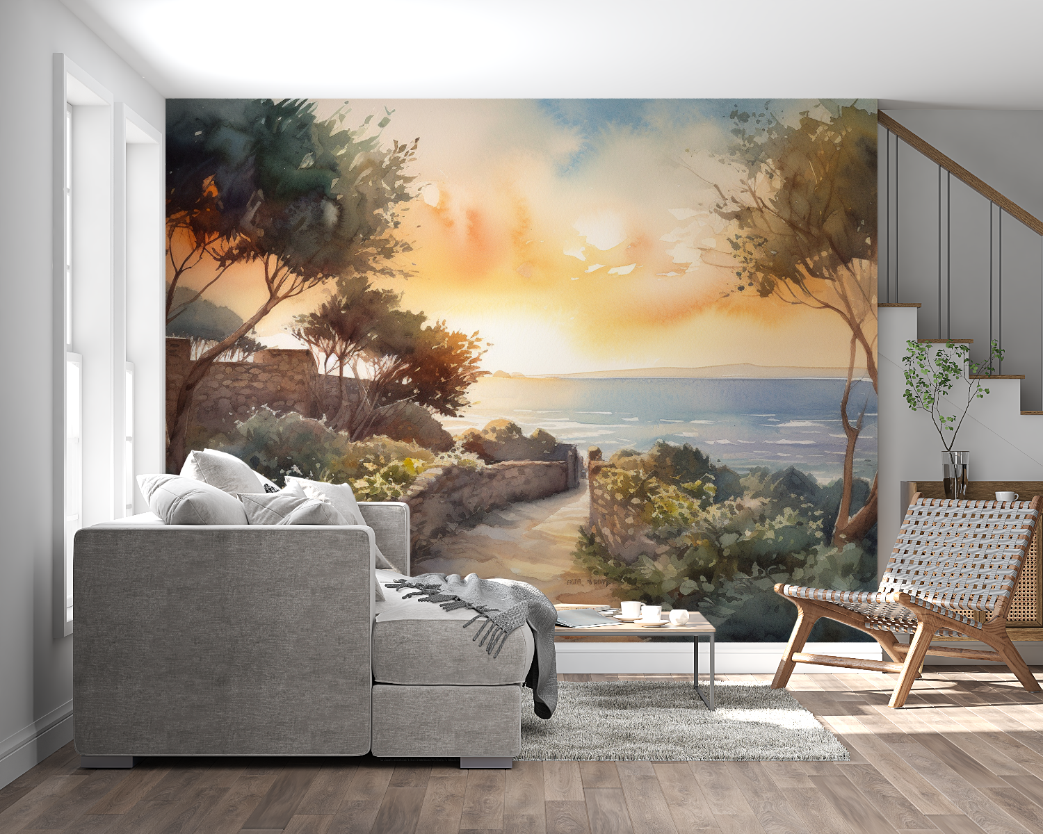 Aquarell-Painting mit Landschaftsmalerei und Panorama-Wandgemälde