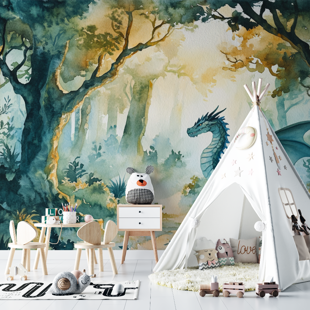 Tapete mit Tiermotiven für das Babyzimmer des Drachenwaldes