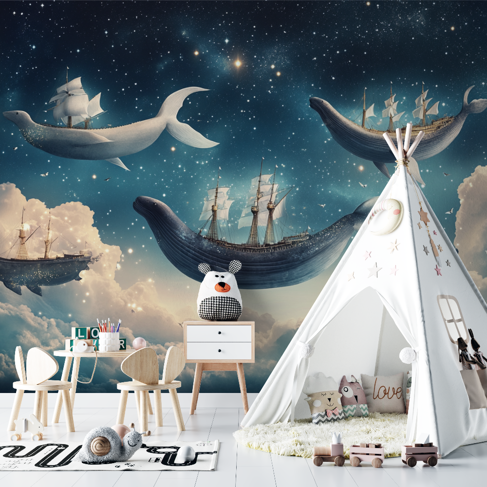 Nautical Wallpaper with Ships and Whales in the Sky | Murals Wallpaper
