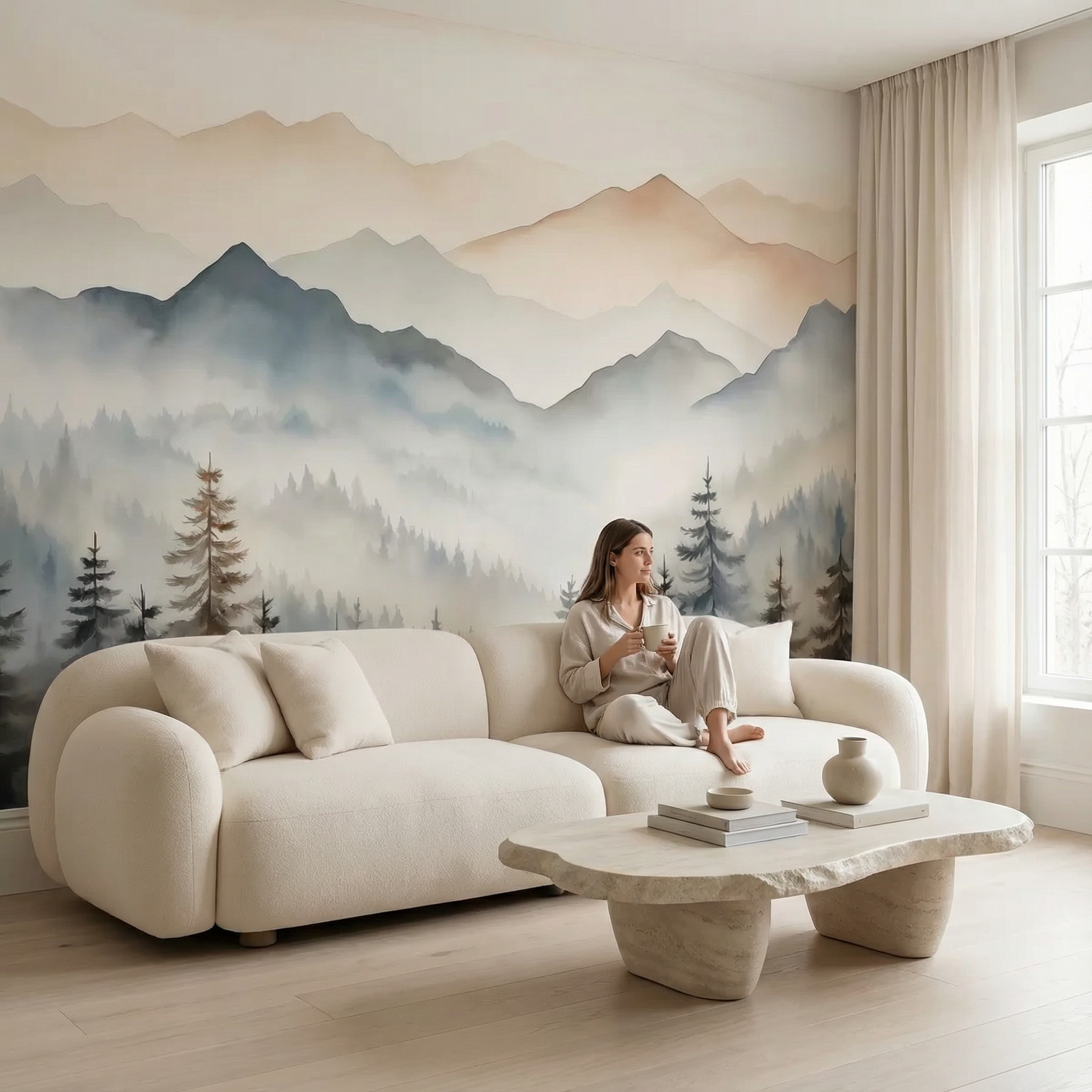 Soft Watercolor Mountain Landscape Mural Wallpaper