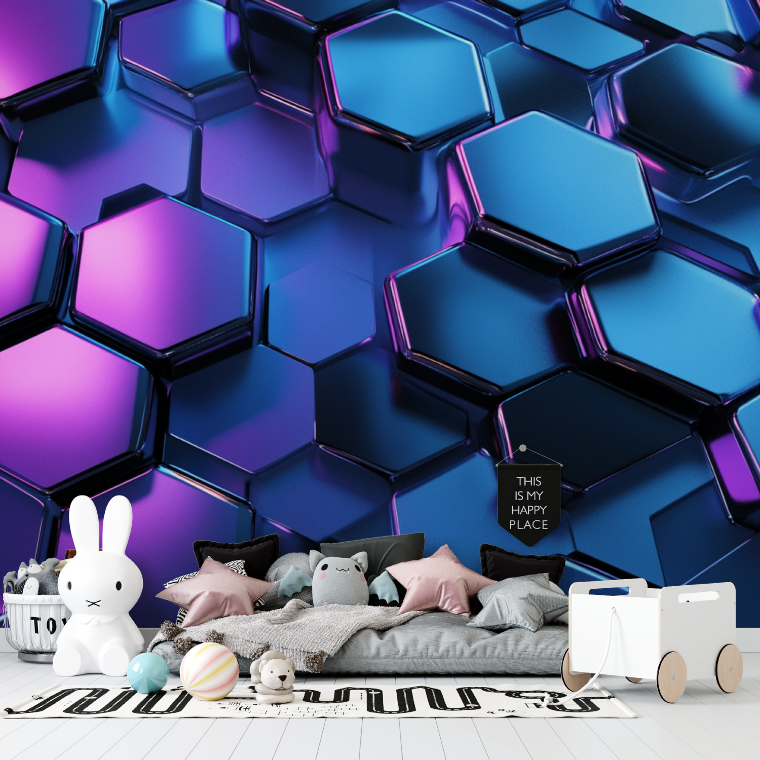 Neon Blue Hexagon Wallpaper | Murals Wallpaper