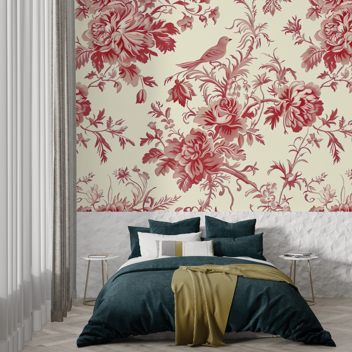 Red Toile De Jouy Bird Wallpaper | Murals Wallpaper