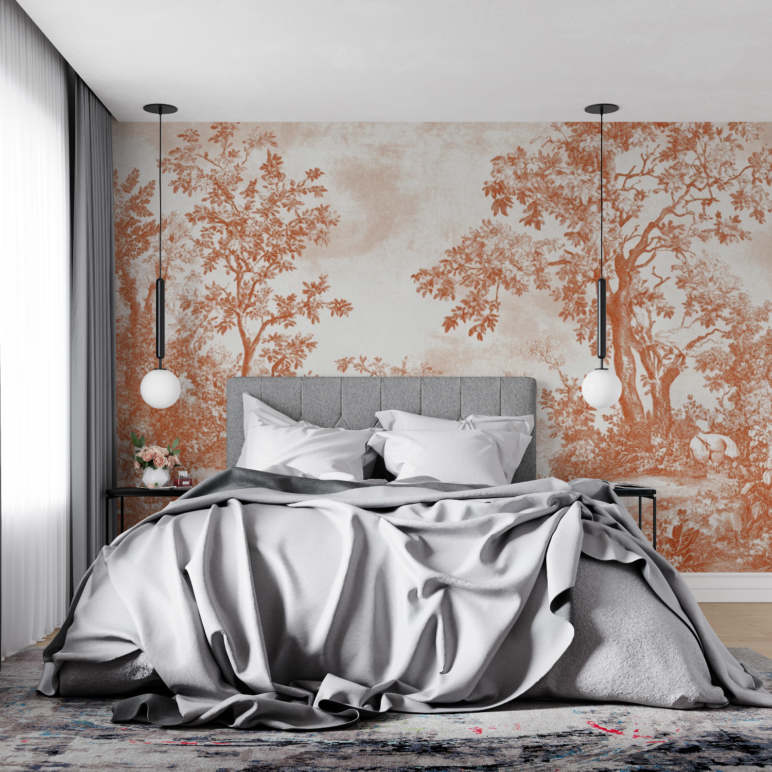 Terracotta Modern Toile de Jouy Wallpaper | Murals Wallpaper