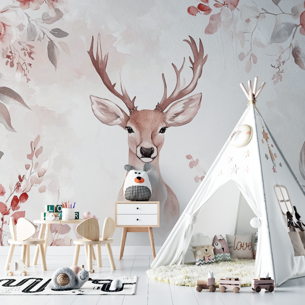 Soft Pink Floral Wallpaper with Deer | Murals Wallpaper