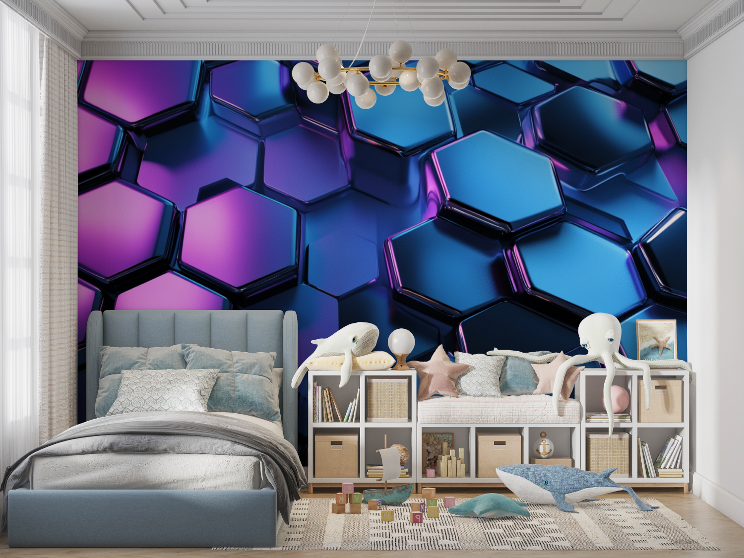 Neon Blue Hexagon Wallpaper | Murals Wallpaper