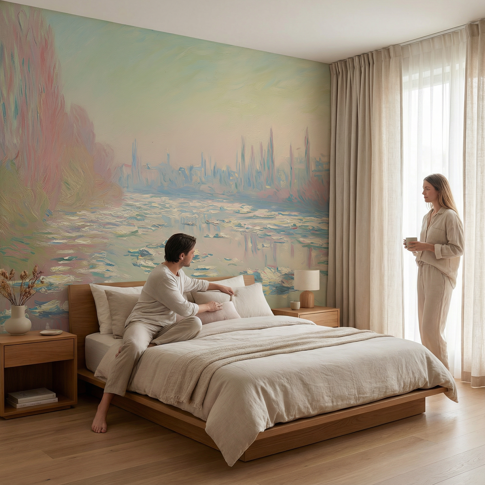 Pastel Impressionist River Landscape Mural Wallpaper