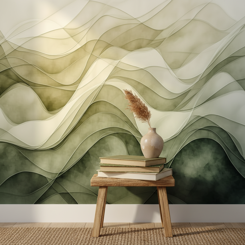 Abstract Green Wavy Lines Mural Wallpaper