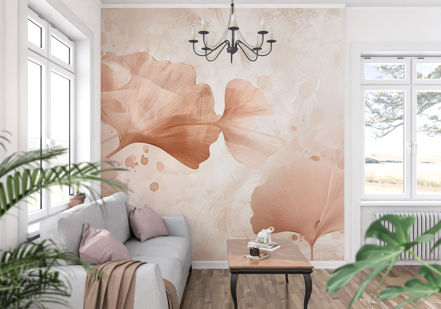 Gingko Watercolor Terracotta Mural Wallpaper