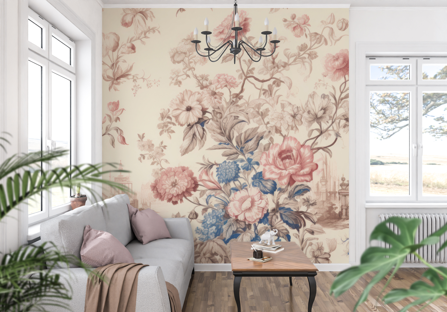Toile de Jouy Pink Blue Wallpaper | Murals Wallpaper