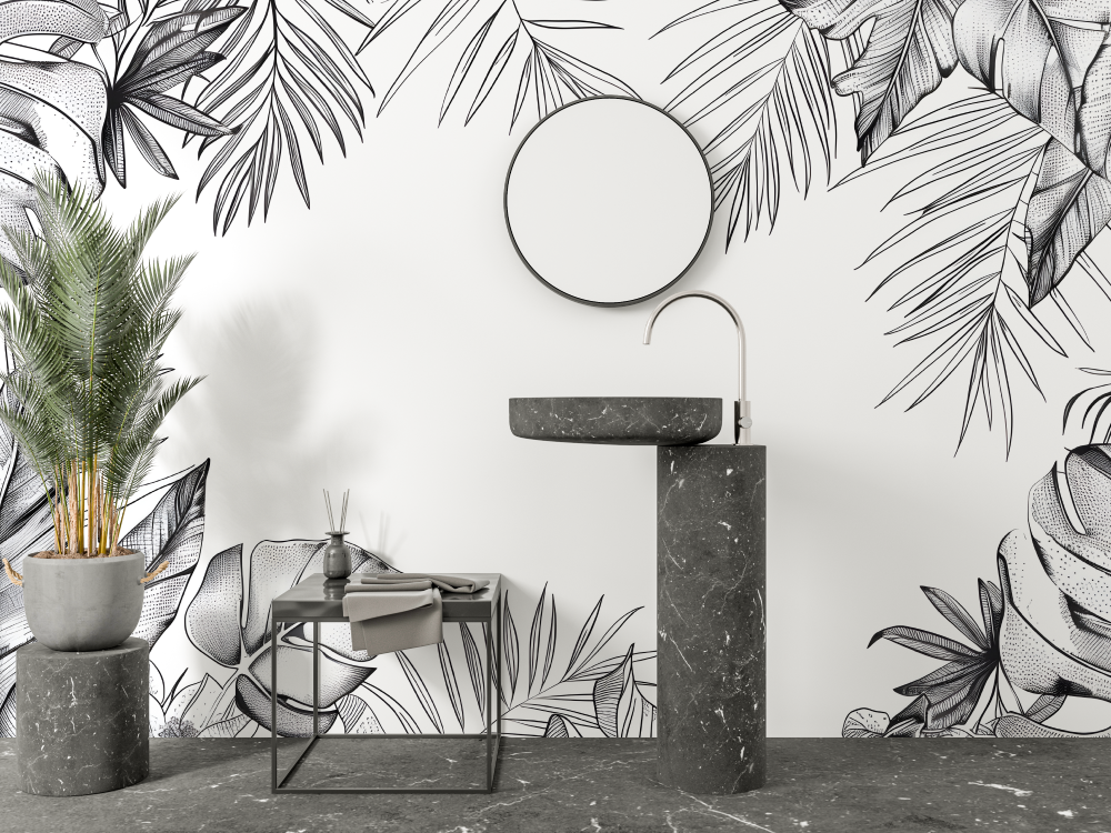 Black and White Jungle Wallpaper for Bathroom | Murals Wallpaper