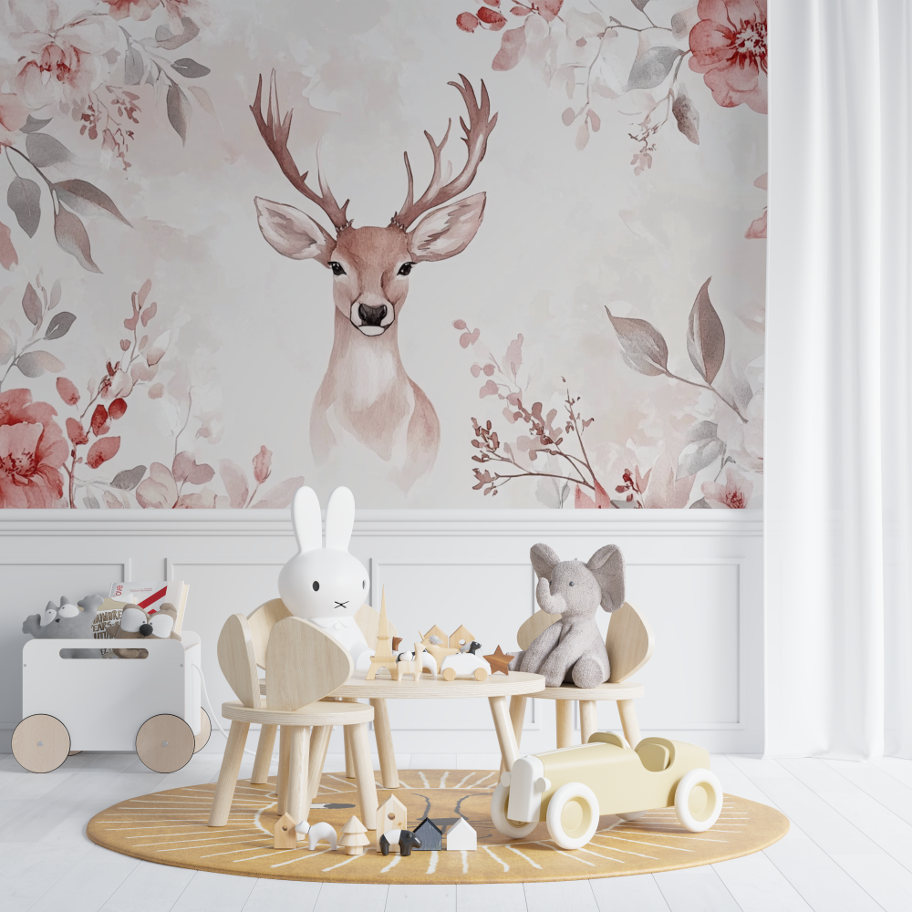 Soft Pink Floral Wallpaper with Deer | Murals Wallpaper