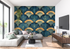 Papier Peint Art Déco Éventail Bleu Doré - Mur-Küche