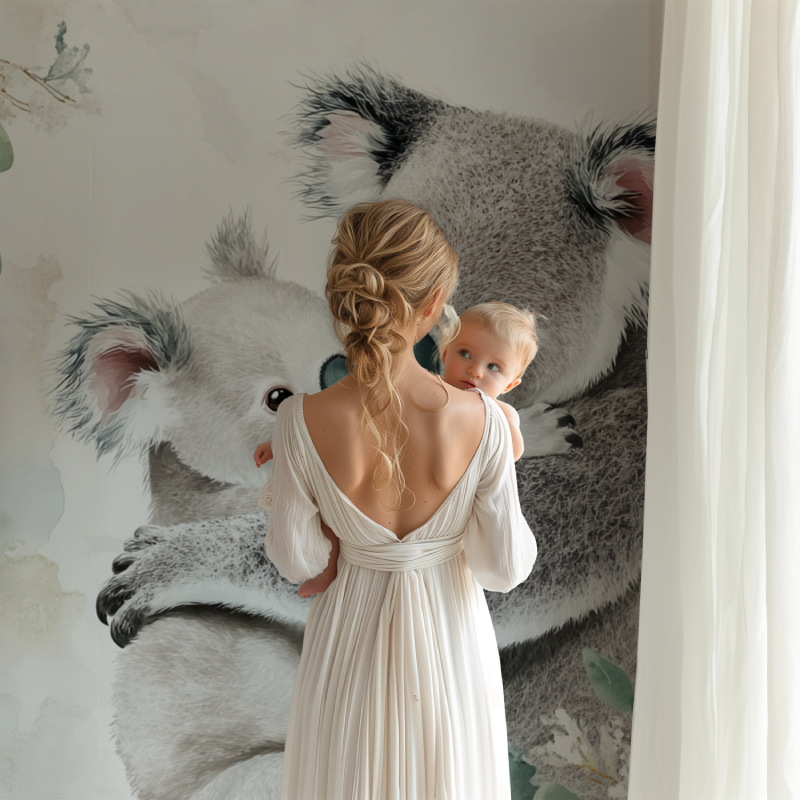 Koala Wallpaper Cuddled Against Its Mom | Murals Wallpaper
