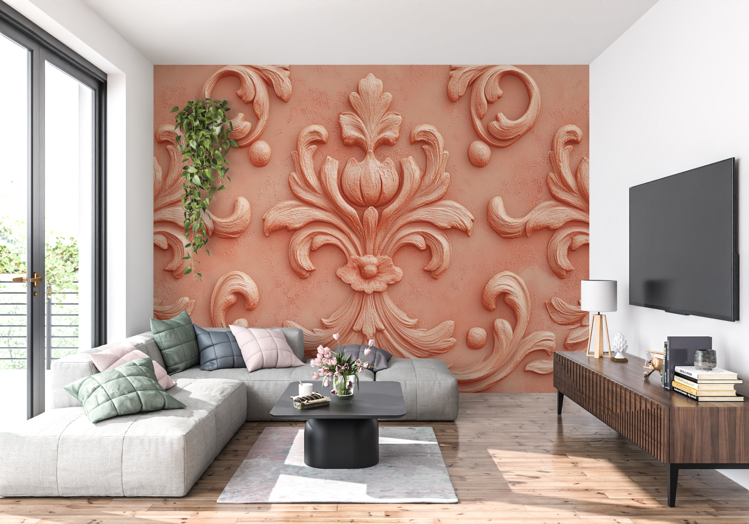 Terracotta Wallpaper with Baroque Swirls | Murals Wallpaper
