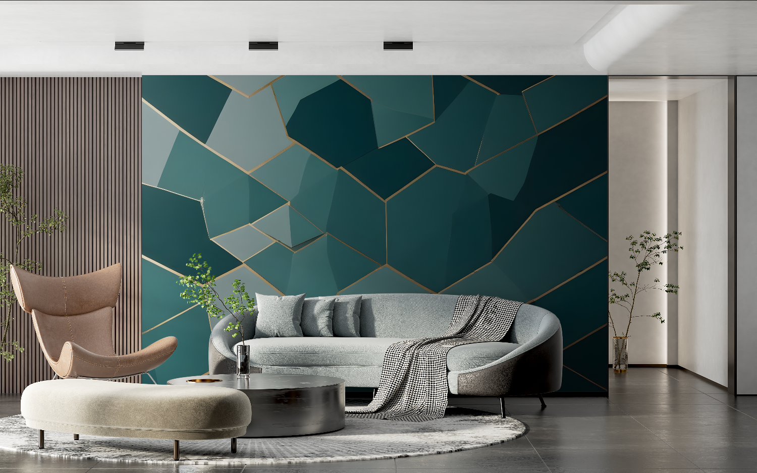 Papier Peint Géométrique Bleu Canard – Panorama-Wandbild