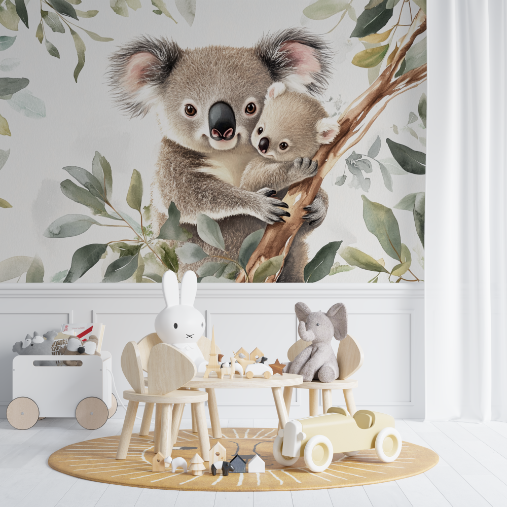 Koala Wallpaper Cuddled Up Against Its Mom | Murals Wallpaper