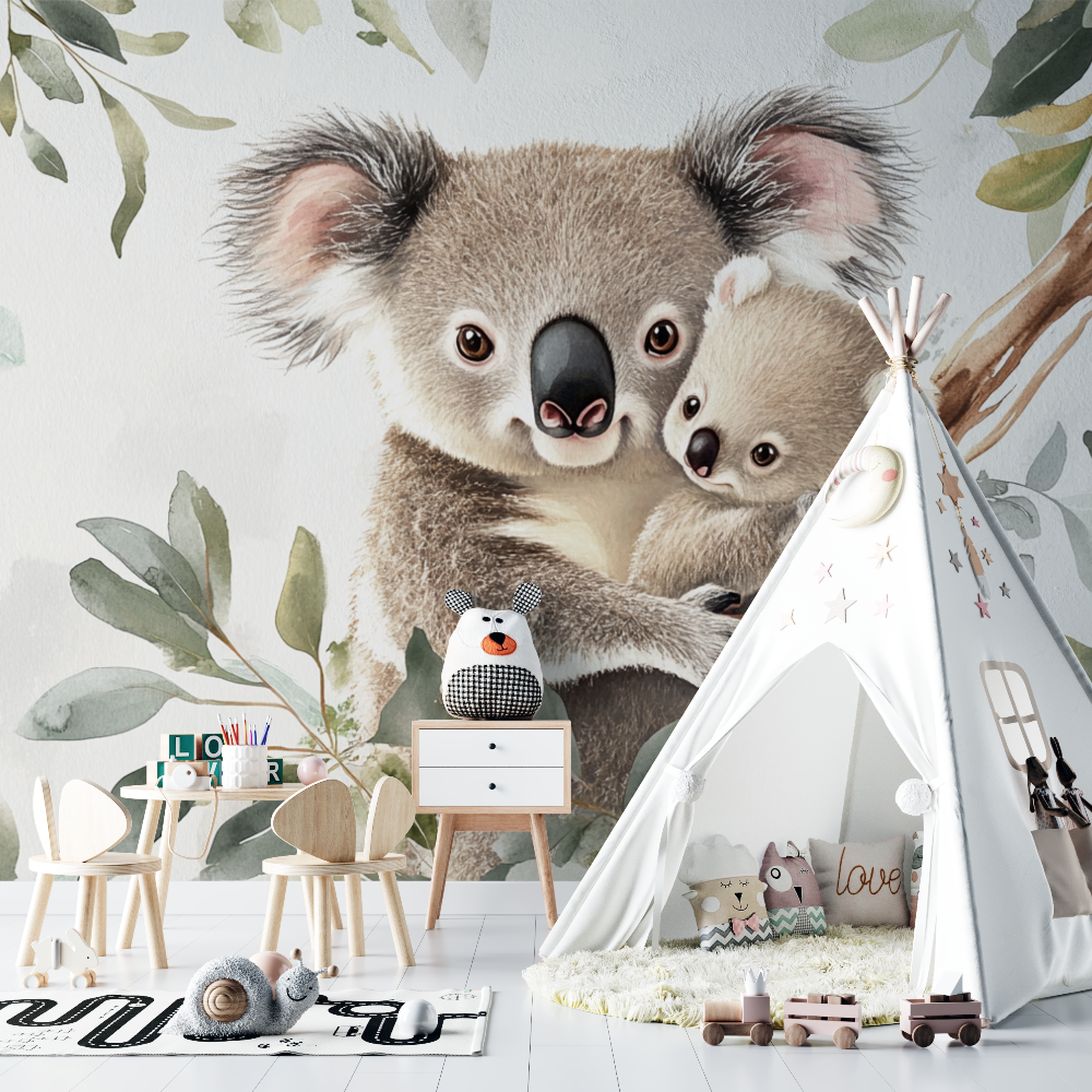 Koala Wallpaper Cuddled Up Against Its Mom | Murals Wallpaper