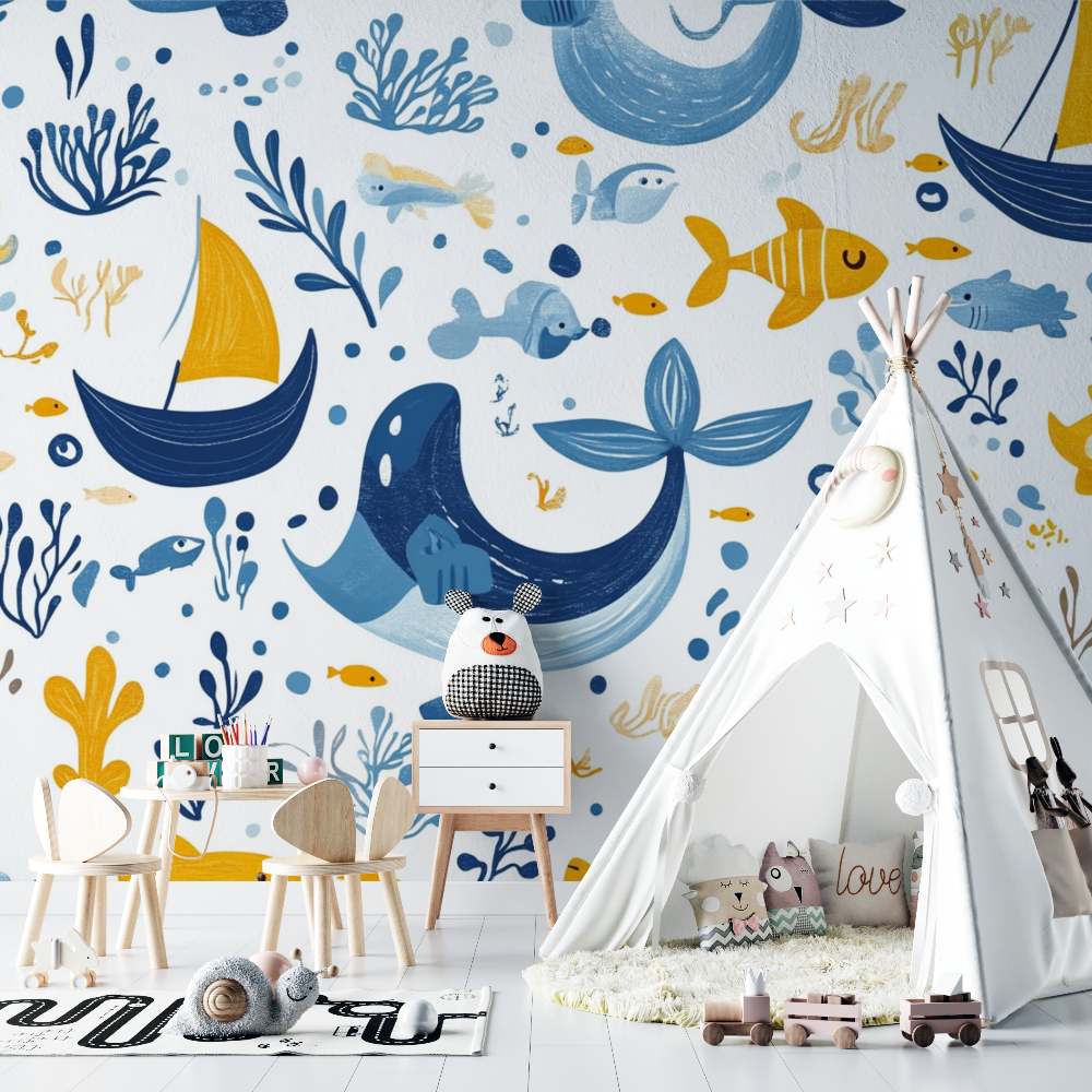 Maritimes Kinderzimmer aus Papier im Marine-Stil