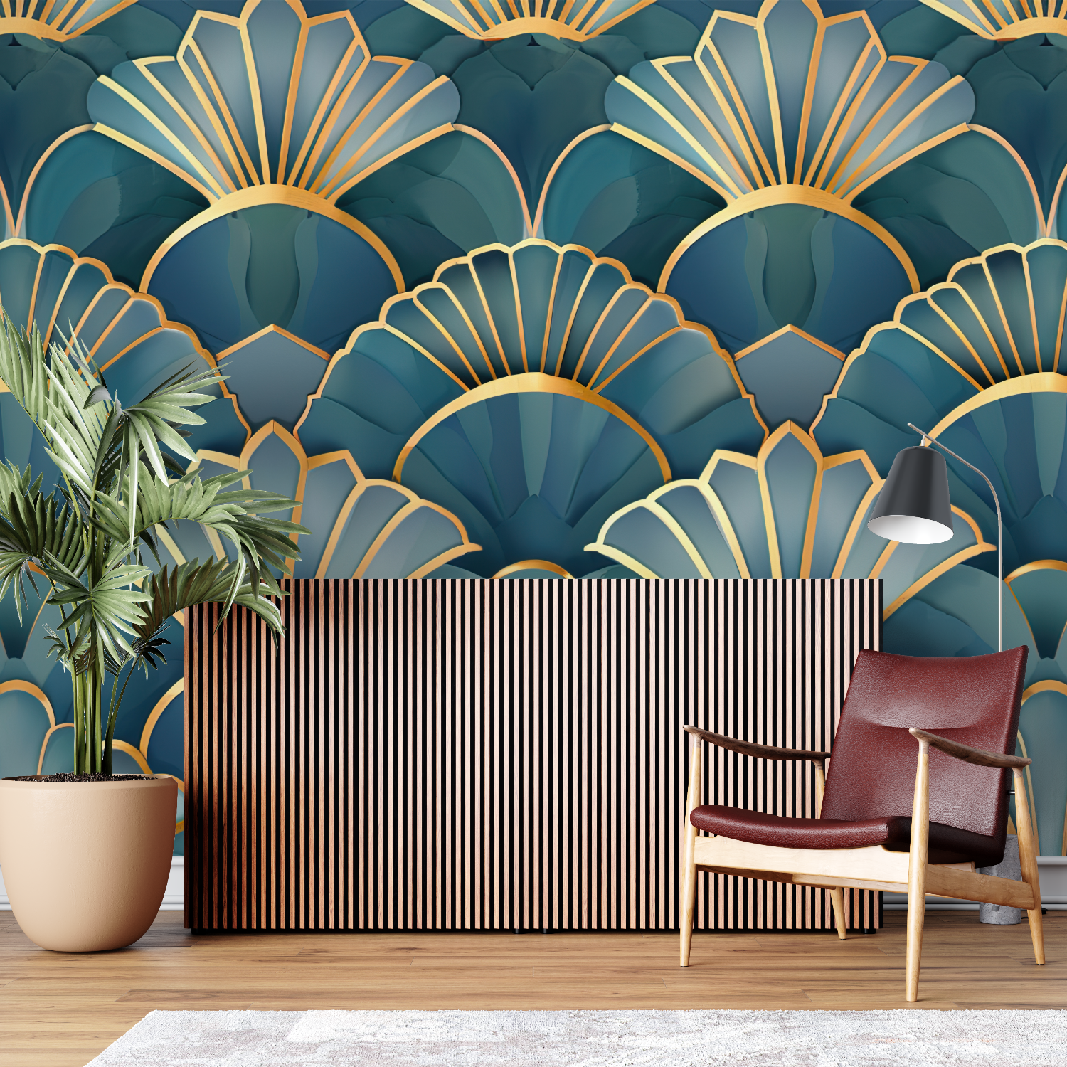 Art Deco Shells Blue Gold Wallpaper | Murals Wallpaper